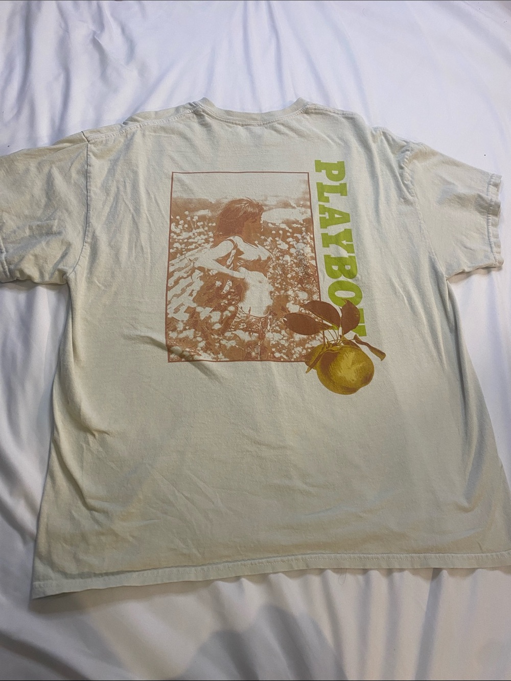 PLAYBOY Cream Tee with Green Logo and Brown Graphic